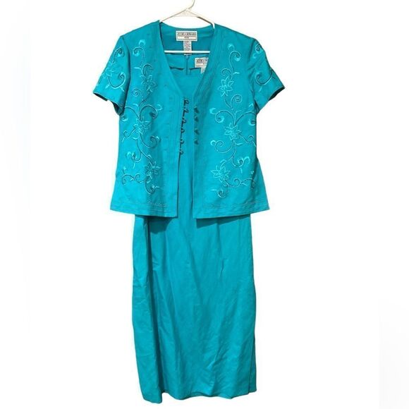 Jessica Howard Linen Blend 2 Pc Embroidered Dress Set Size 8 Petite - Picture 1 of 8